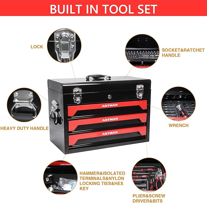 20" Portable 3 Drawer Steel Toolbox,Built in Tool Set,4 Layers of Tools with Metal Latches, with Top Storage Tray and carrying Handle, Multi-Function Tool Storage for Garage, Home,or Workbench