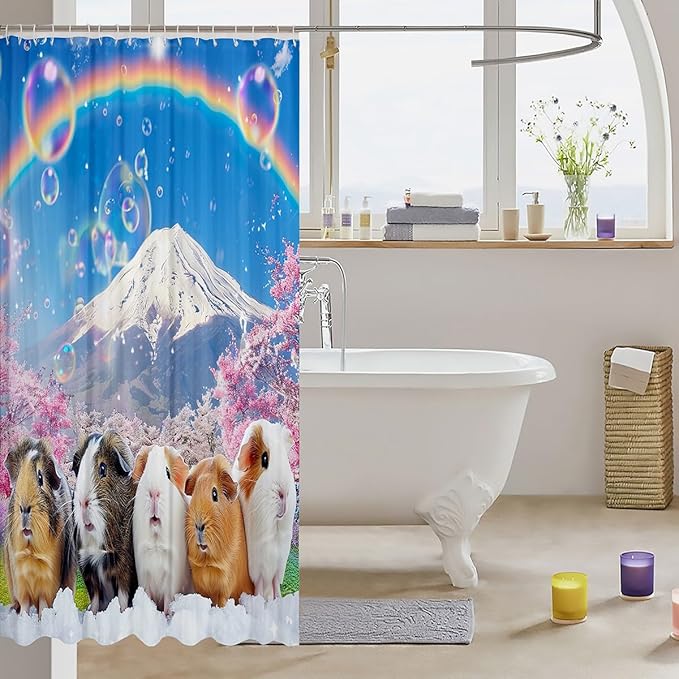 Guinea Pig Shower Curtain for Girls Boys Kids Cute Cavy Lovely Pet Bath Curtain Rainbow Mountain Landscape Bathroom Shower Curtain Set Room Decor Cherry Tree Waterproof Polyester Curtains 72x72 Inch