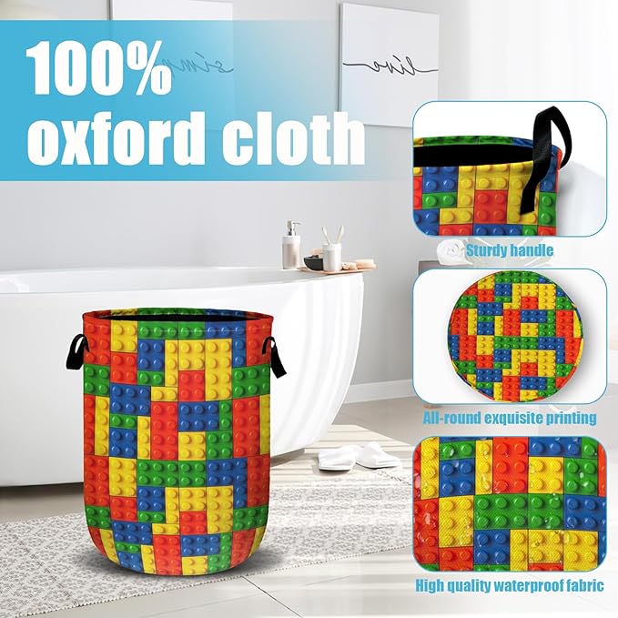 Colorful Building Blocks Laundry Basket, Laundry Hamper Collapsible Oxford Cloth with Handle Clothes Toy Storage Bin for Bathroom Laundry Room Bedroom 15.7 X 20 Inch