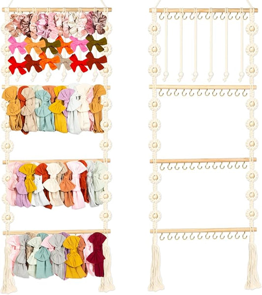 Headband Holder - Bow Holder for Baby Girl – Macrame Bow Organizer for Baby Girl w/ 48 Metal Hooks, 6 Slings & Wooden Bead – Space Saving Baby Bow Organizer – Ideal Baby Bow Holder for Expecting Moms
