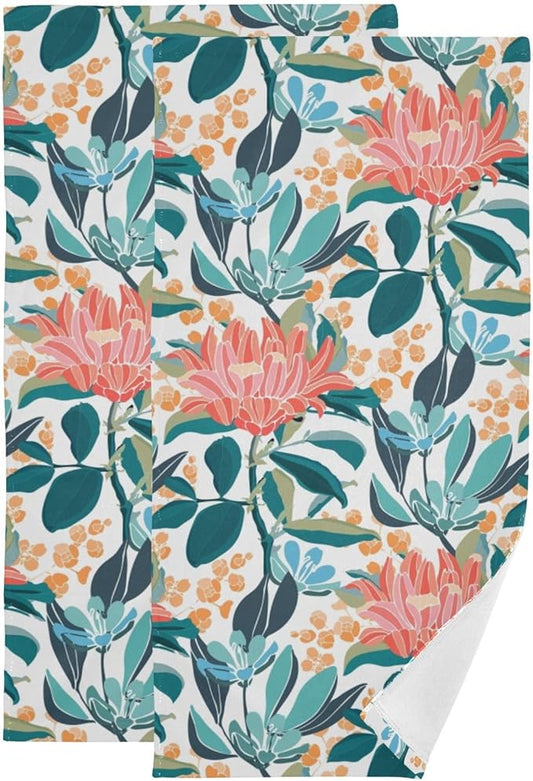 2 Pcs Teal Orange Boho Floral Hand Towels for Bathroom,Soft Absorbent Turquoise Blue Leave Coral Flower Dish Towels for Kitchen,Quick Dry Decorative Bathroom Towels for Face,Shower 14"x28"