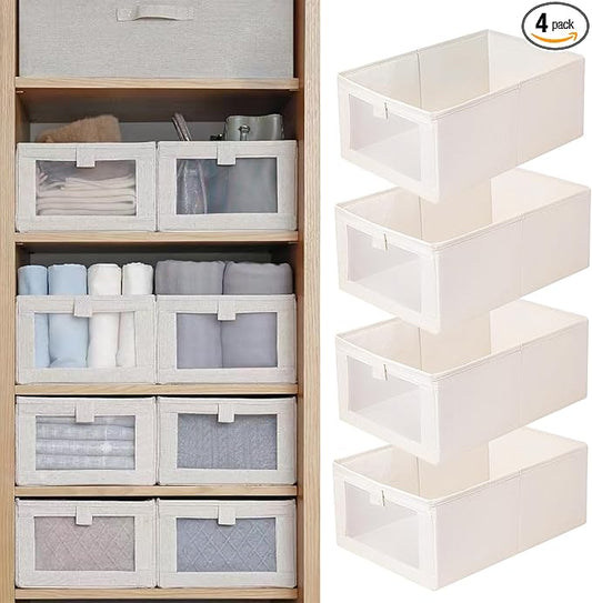 Linen Closet Organizers And Storage, 4 Pack Storage Bins Baskets for Organization Foldable Organizer with Clear Window Organizing Clothing, Jeans, Shelves