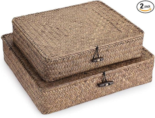 Hipiwe Set of 2 Flat Woven Wicker Storage Bins with Lid Natural Seagrass Basket Multipurpose Home Boxes for Shelf Organizer (Coffee)