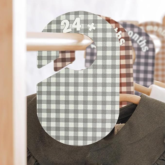 Baby Closet Divider, Baby Wardrobe Organizer, Double-Sided Pastel Gingham Design, Nursery Decor Clothes Hanger Dividers for Sorting 8 Sizes from Newborn to 12+ Months
