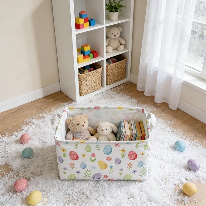 Easter Storage Basket, Egg Pattern Basket for Gifts Cute Foldable Waterproof Lining Collapsible Organizer with Handles for Home Closets Shelf Offices,Bedrooms,Dorm Toy Storage