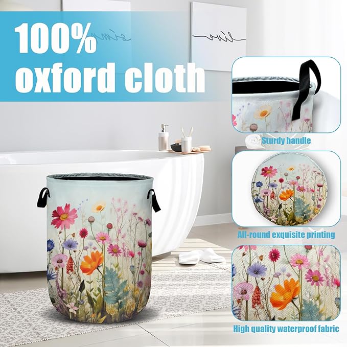 Colourful Blooming Wildflower Laundry Basket, Laundry Hamper Collapsible Oxford Cloth with Handle Clothes Toy Storage Bin for Bathroom Laundry Room Bedroom 15.7 X 20 Inch