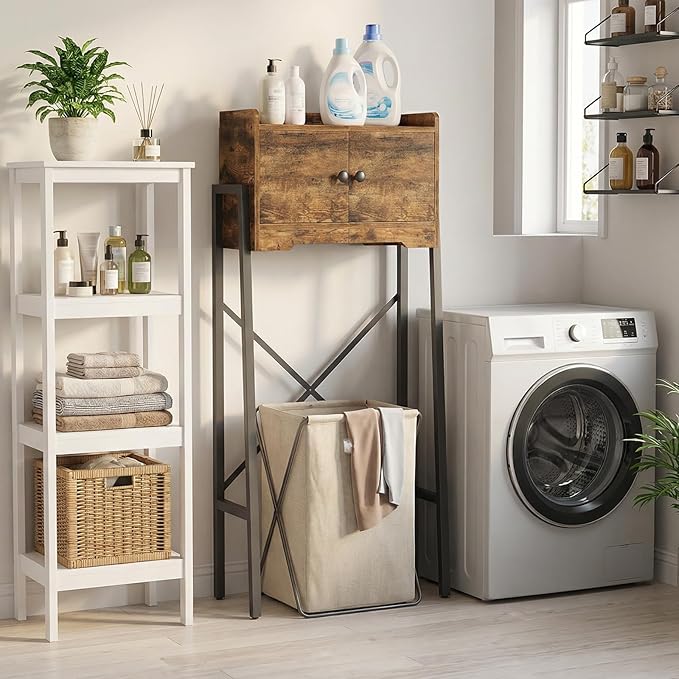 Over The Toilet Storage Cabinet, Freestanding Above The Toilet Storage Cabinet, Over The Toilet Storage Rack with X-Shaped Back Support, for Bathroom, Laundry, Rustic Brown and Black TR04BR