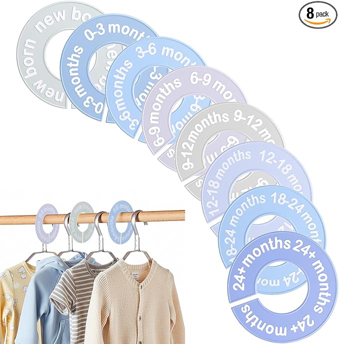 Baby Closet Size Dividers for Clothes 0-24 Months, 8 Pack Small Round Closet Divider Double-Sided Design Fits Most Rods, Blue Nursery Clothing Organizer & Wardrobe Decor