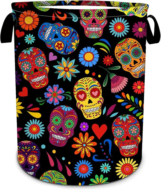 Sugar Skull Flower Laundry Basket, Foldable Waterproof Halloween Laundry Hamper Funny Tote Bag Dirty Clothes Storage Bucket Toy Organizer for Bathroom/Laundry/Bedroom 15.7"x19.6"