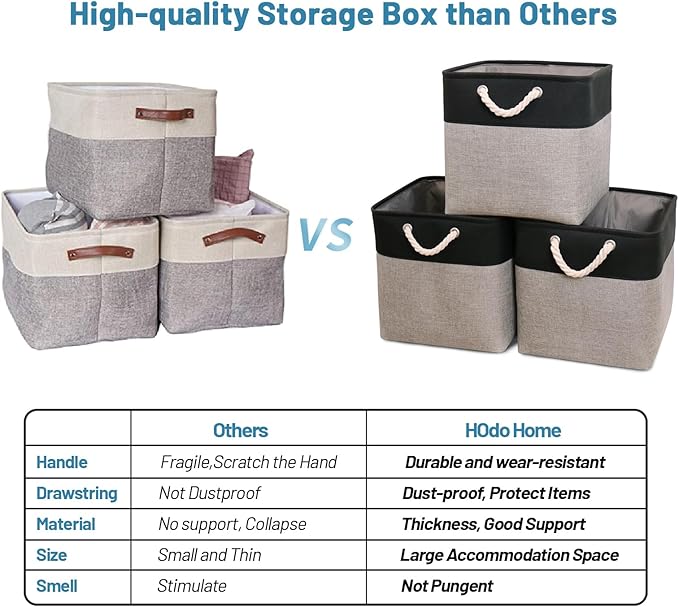 HOdo Home Fabric Storage Bin with Drawstring Closure and 2 Bold Handles, Collapsible Large Canvas Storage Baskets for Organizing Shelf Nursery Home Closet (Grey&Black, 13L×13W×13H - 3Pack)