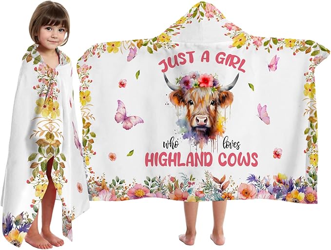Highland Cow Hooded Bath Towels for Girls,Soft Cotton Swimming Shower Beach Blanket (Highland Cow)