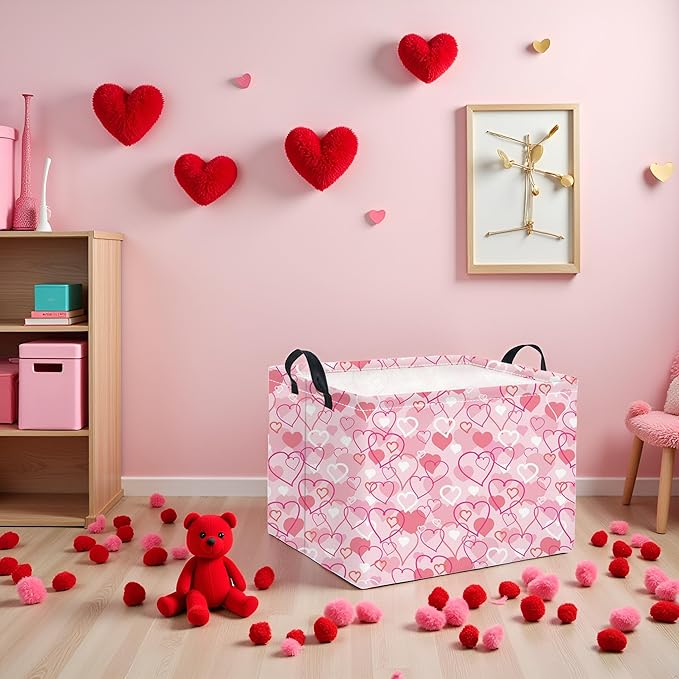 HIYAGON Rectangular Valentines Basket Baby Girl Storage Bin Pink Basket Organizer Box Heart Room Decor(Pink Heart)
