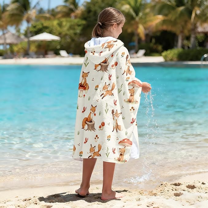 Hooded Towel for Kids, Cute Orange Fox Design Poncho Blanket for Toddlers 30" x 50", Soft Flannel Wearable Blanket for Pool, Beach, and Swim, Christmas Birthday Gifts for Boys and Girls