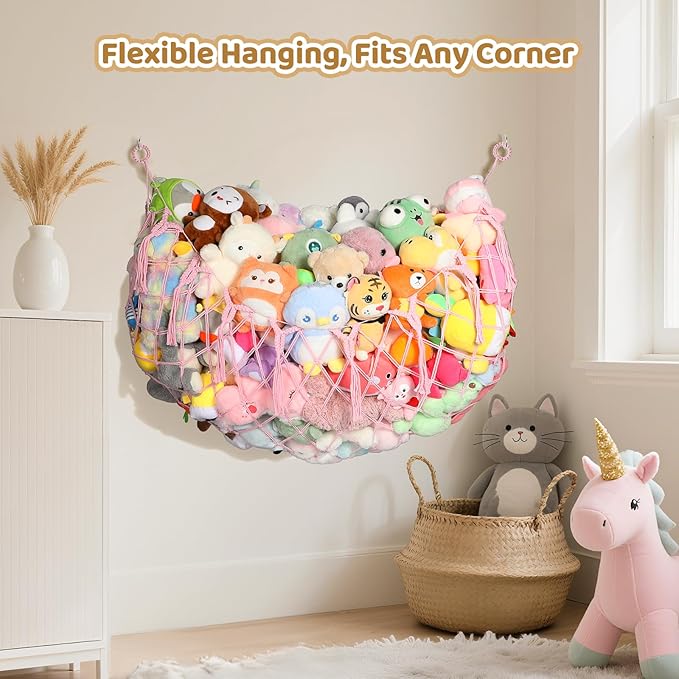 Yecaye 60 IN Stuffed Animal Net Hammock Large, Hanging Stuffed Animal Storage with Handmade Macrame Tassels, Net for Stuffed Animals Corner Large for Nursery Living Room Wall Decoration, Fairy Pink