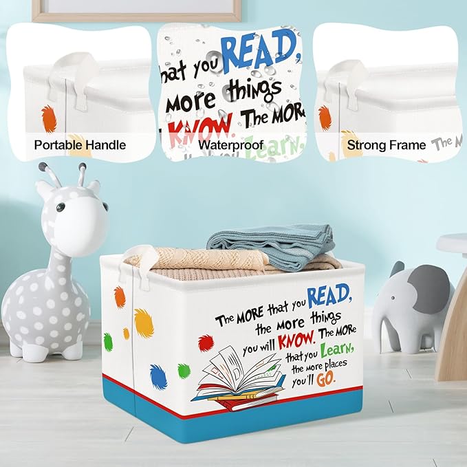 Clastyle Collapsible Back to School Reading Book Storage Basket Dr Quotes Book Organizer for Nursery Room Classroom Library Rectangle Kindergarten Daycare Clothes Toys Storage Bin