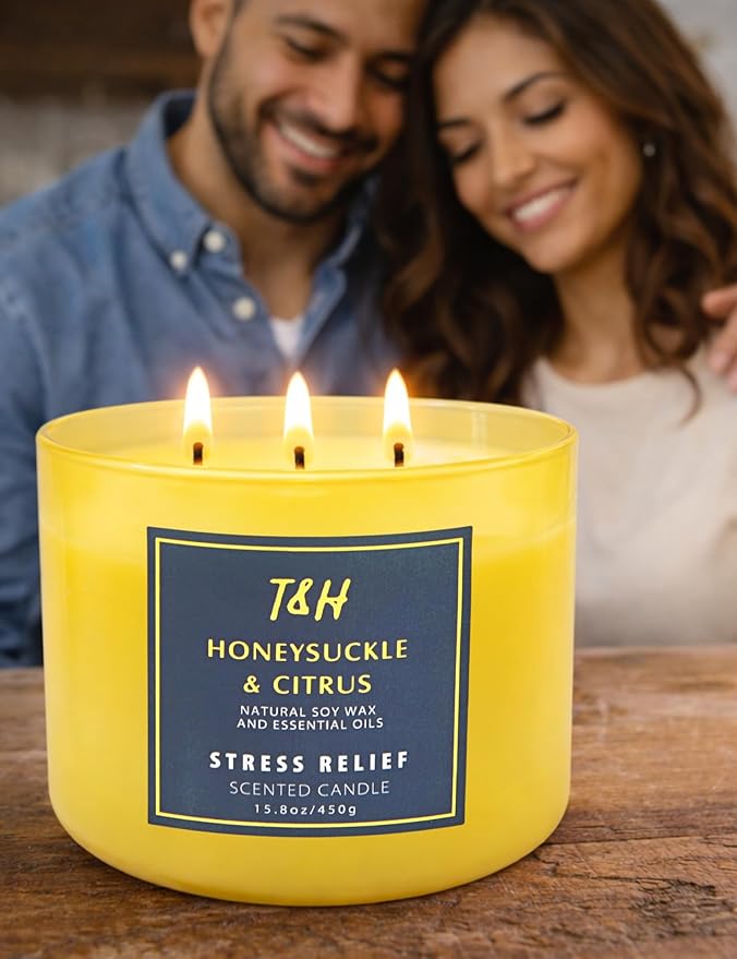 Honeysuckle Citrus 3 Wick Candle for Home Scented | 15.8 oz Large Soy Candle | Lemon Citrus Floral Scented Candle Strong | Aromatherapy Stress Relief Relaxation Candles | Gift for Women & Men