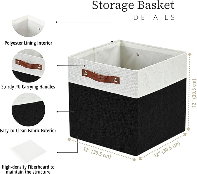 DECOMOMO Fabric Cube Storage Bins - Storage Baskets for Shelves, Cube Storage Organizer for Kallax and Cubbies (Black & White, 12 inch Cube) - 4 Pack