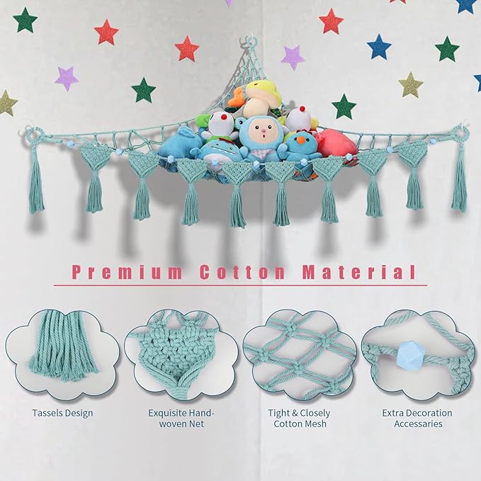 Stuffed Animal Storage Hammock Corner, 56'' Jumbo Boho Macrame Tassel Toy Holder Wall Mounted, Hanging Net Organizer for Nursery Decor, Aqua Plush Toy Net with Star Light for Boys Girls Gift