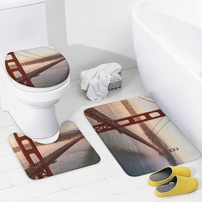 4 Piece Bathroom Rug Set with Shower Curtain, Non-Slip Bath Mat Toilet Cover Set, Golden Gate Bridge Bathroom Rug Sets