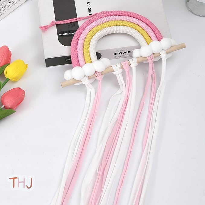 THJ Bow Holder Hanging Hair Bow Organizer Hair Clips Storage for Girls Hair Bows,Boho Rainbow Wall Hair Clips Headband Storage Hanger for Baby Toddler Girls Room Colorfull