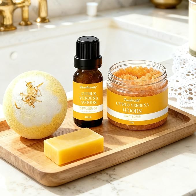 Valentine's Day Spa Gift Set for Women, Citrus Verbena Bath Set Self Care for Women, Nourishing 7 Piece Home Spa Set, Birthday Gift For Mom