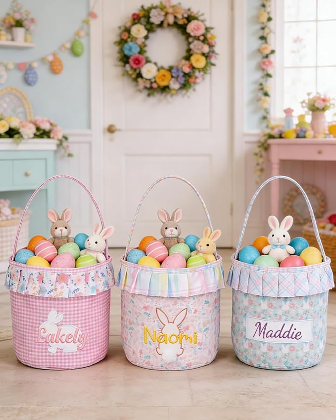 Personalized Easter Floral Bunny Basket for Kids, Custom Cute Rabbit Basket w/Embroidered Name, Customized Egg Hunt Storage Bags with Handles, First Easter Gifts for Newborn Baby Toddler Boy Girls