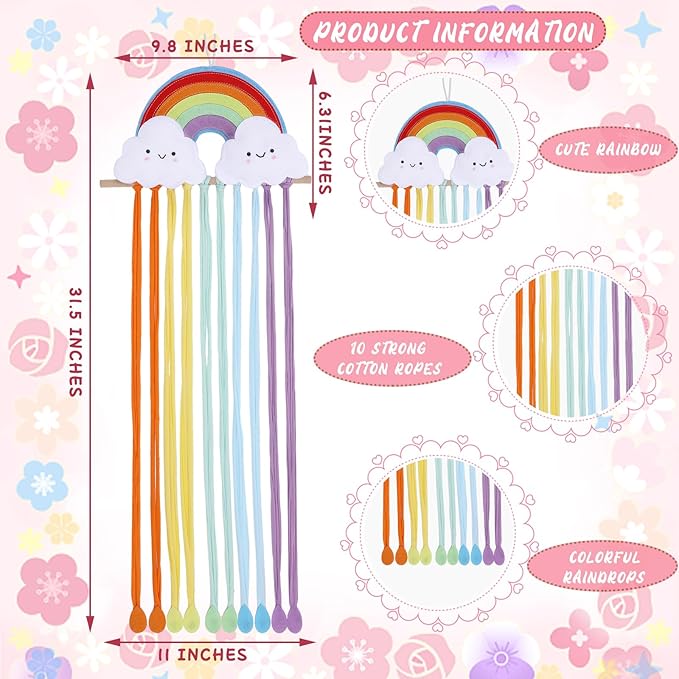 Long Bow Holder for Girls Baby Rainbow Color Clouds Hair Bows Clip Organizer 31.5 Inch Baby Hair Accessories Storage Display Hanging Decor for Girls Nursery Room Bedroom Living Room