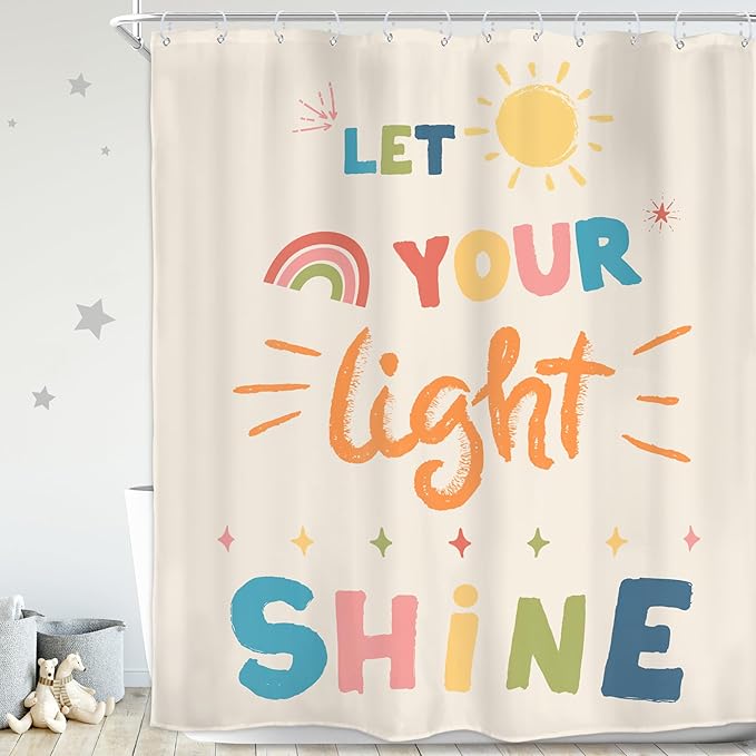 Homewelle Kids Quotes Shower Curtain Set Inspirational Cartoon Colorful Let You Light Shine Classical 60Wx72H Inch English Letter Sun Simple for Child Waterproof Polyester Fabric Bathroom Bathtub