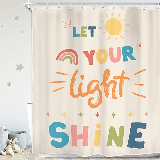 Homewelle Kids Quotes Shower Curtain Set Inspirational Cartoon Colorful Let You Light Shine Classical 60Wx72H Inch English Letter Sun Simple for Child Waterproof Polyester Fabric Bathroom Bathtub