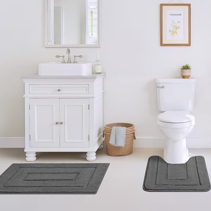 GRANNY SAYS Bathroom Rugs Sets 2 Piece, Soft Absorbent Microfiber Bath Mats for Bathroom Non Slip Washable, U-Shaped Toilet Bath Rugs for Tub Shower (Deep Grey, 20" x 32" + U Shaped 20" x 24")