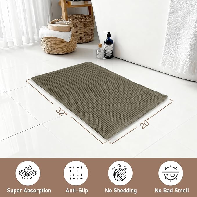 Hiasan Waffle Bath Mat, Super Absorbent Non Slip Bathroom Boho Rug with Tassels, Machine Washable Bath Mats for Bathroom, Ultra Soft Rubber Backed Rug, Grayish Green, 20 x 32 Inches