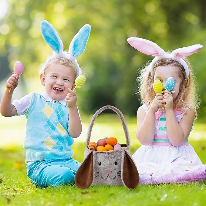 Easter Bunny Basket,Cute Easter Bucket Bags with Rabbit Ears for Eggs Hunting,Candy Gifts Storage (Brown/White)