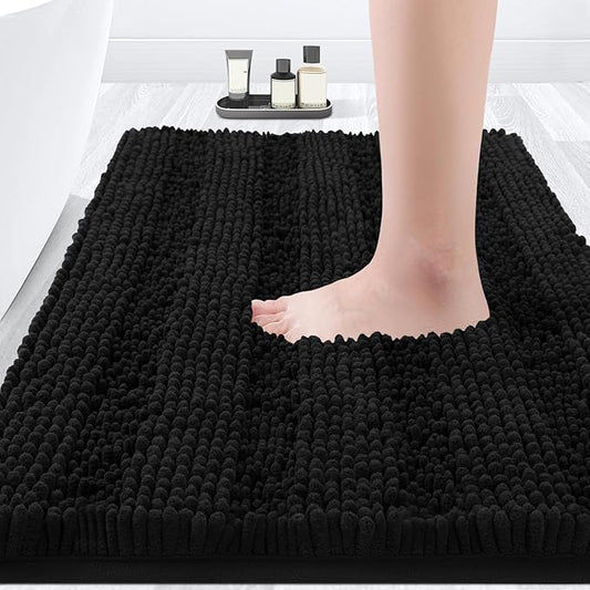 ACCUMTEK Striped Black Bathroom Rug Mat 36"x24" Ultra Soft, Non Slip Chenille Bath Rugs, Absorbent Plush Shaggy Bath Mats for Bathroom, Bedroom, Kitchen, Shower, Tub