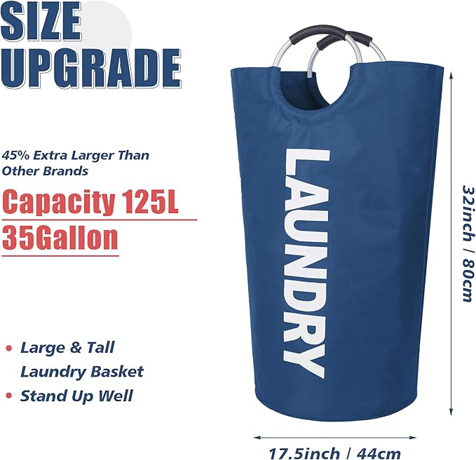 Twira 100L Large Laundry Basket, Laundry Hamper Stands Up Well, Laundry Bag with Padded Handles, Waterproof Clothes Bin Collapsible, Clothes Hamper for Bathroom, Laundry, College (Navy Blue)