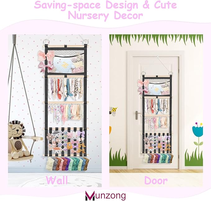 Munzong Headband Holder 52x17 inch, Black Bow Holder for Baby Girls,4 Tier Large Capacity Wall Hanging Headband Shelf w/Mesh Bag,Nursery Hair Accessories Organizer Display Rack for Toddler Kids Women