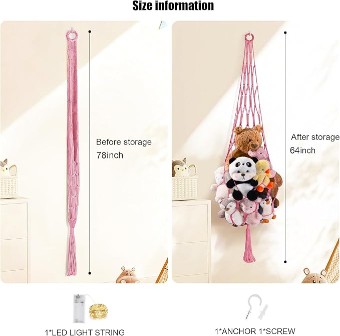 Stuffed Animal Hammock Corner Net with LED Light Plushies Storage Hammock for Stuffed Animals Boho Room Decor Macrame Wall Decor