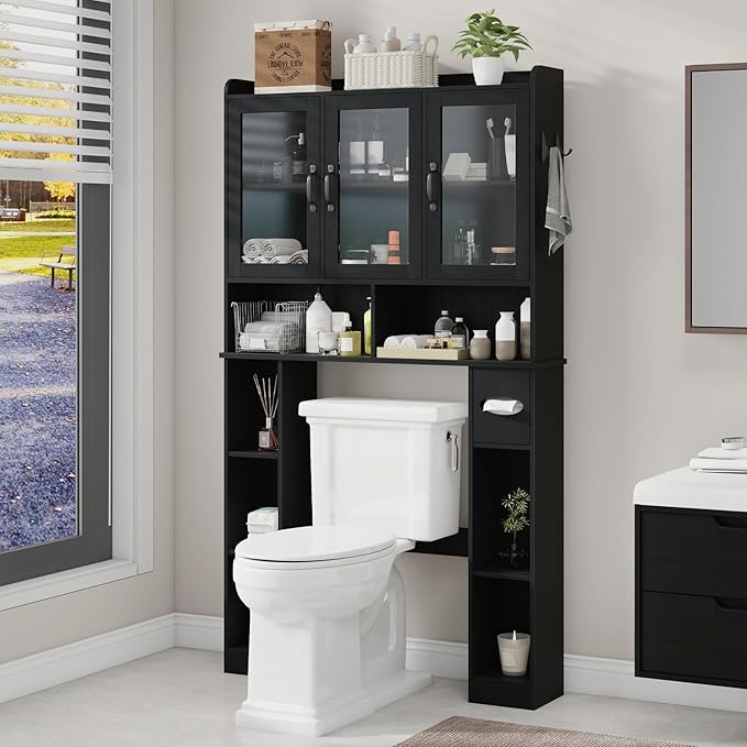 Vabches Over The Toilet Storage Cabinet,Farmhouse Bathroom Organizer with Glass Doors and Adjustable Shelf,Home Space-Saving Toilet Rack,for Restroom,Bathroom, Laundry