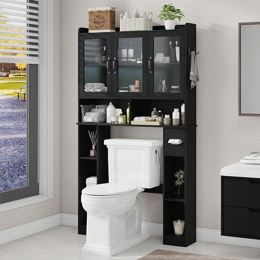 Vabches Over The Toilet Storage Cabinet,Farmhouse Bathroom Organizer with Glass Doors and Adjustable Shelf,Home Space-Saving Toilet Rack,for Restroom,Bathroom, Laundry