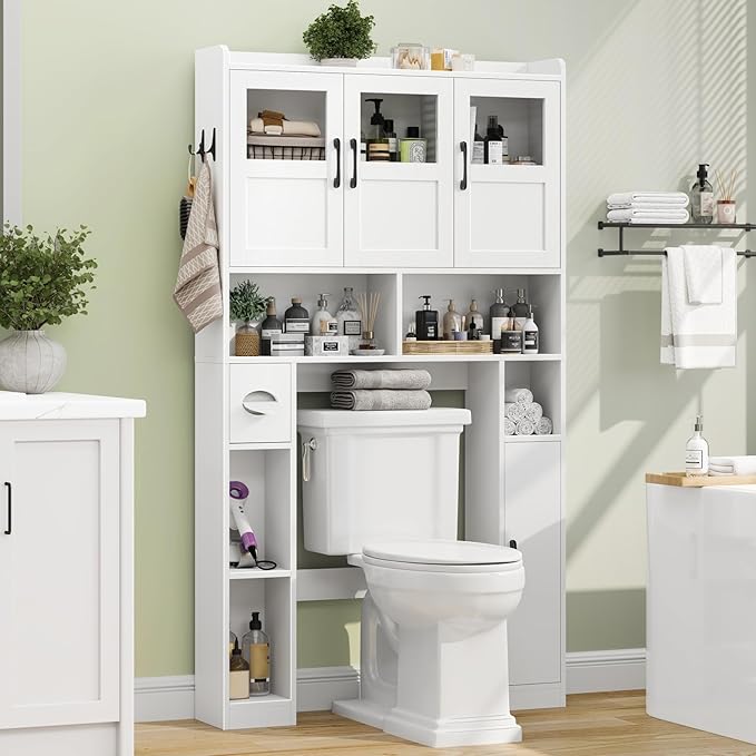 Over The Toilet Cabinet,Farmhouse Toilet Cabinet Rack with 3 Acrylic Doors and Adjustable Storage Shelf,Space Saving Bathroom Organizer with Toilet Paper Holder Stand for Restroom, Laundry，White