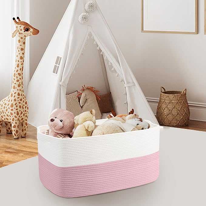 Large Pink Storage Basket, 22" x 17" x 12" Rectangle Cotton Rope Bin for Organizing, Woven Blanket storage for Living Room, Kids Toy Bin Box, Decorative Nursery Storage, Pink Room Decor