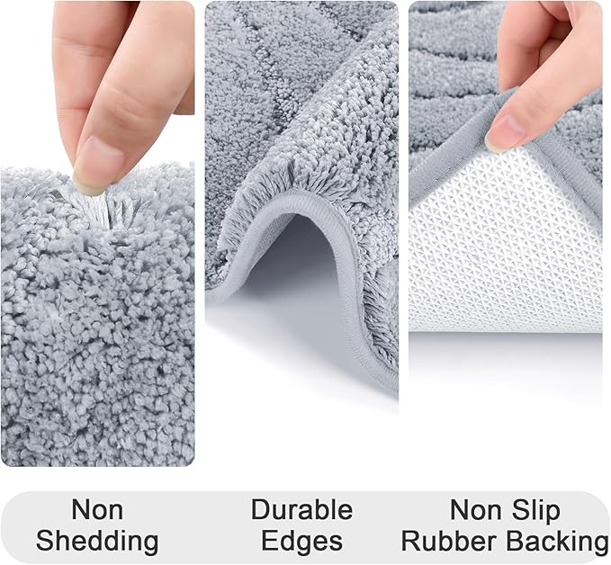 HEBE Bathroom Rugs Sets 5 Piece, Soft Absorbent Microfiber Bath Mat for Bathroom, Non Slip Washable Bath Rug Set with Toilet Cover, Bath Runner and U-Shaped Contour Toilet Rug, Light Grey