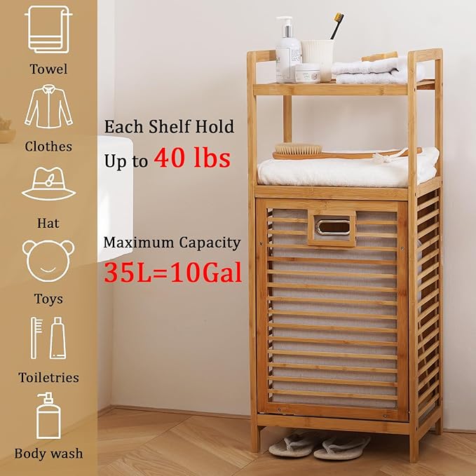 Laundry Hamper with 2-Tier Shelves & Tilt Out Basket, Laundry Baskets Organizer Hampers Bathroom Storage Shelf for Laundry Room, Bathroom, Nursery, Bedroom(2 Tier -Small)
