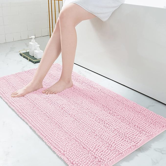 Grandaily Chenille Striped Bathroom Rugs 47x24, Extra Thick and Absorbent Bath Mats, Non-Slip Soft Plush Shaggy Shower Carpet, Machine Wash Dry, Bath Rug for Bathroom, Pink