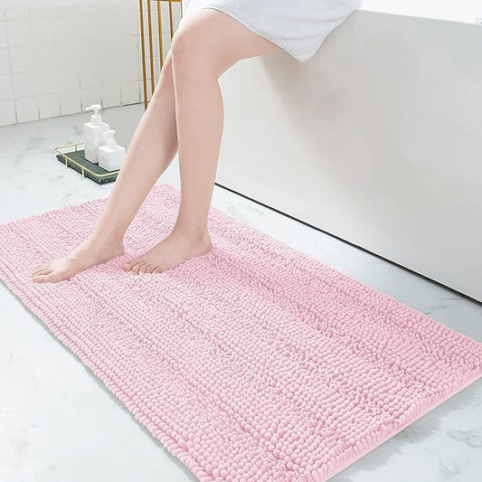 Grandaily Chenille Striped Bathroom Rugs 47x24, Extra Thick and Absorbent Bath Mats, Non-Slip Soft Plush Shaggy Shower Carpet, Machine Wash Dry, Bath Rug for Bathroom, Pink