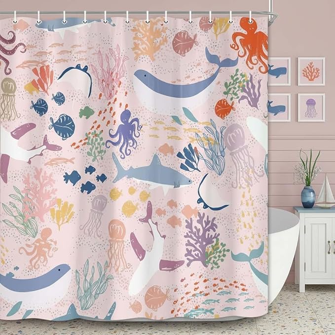 60x70 inch Kids Shower Curtain - Pink Boho Ocean Animals Underwater Cartoon Bathroom Decor with Shark & Fish for Girls, Nautical Theme Bathtub Curtain