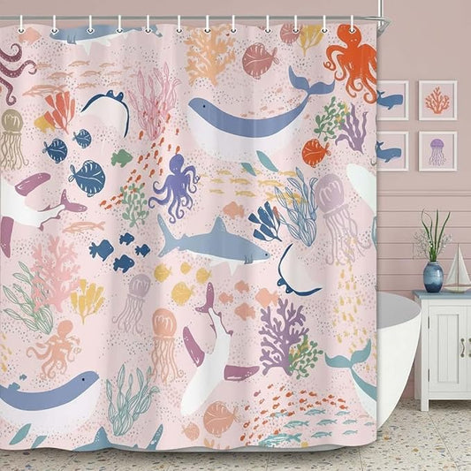 60x70 inch Kids Shower Curtain - Pink Boho Ocean Animals Underwater Cartoon Bathroom Decor with Shark & Fish for Girls, Nautical Theme Bathtub Curtain