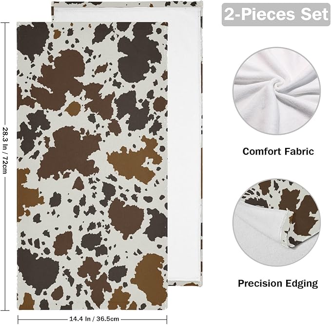 2 Pack Brown Cow Print Hand Towels for Bathroom,Soft Absorbent Rustic Cowhide Farmhouse Animal Skin Pattern Kitchen Towels,Cow Hide Decorative Guest Bathroom Towels for Face,Shower,Gym 14"x28"