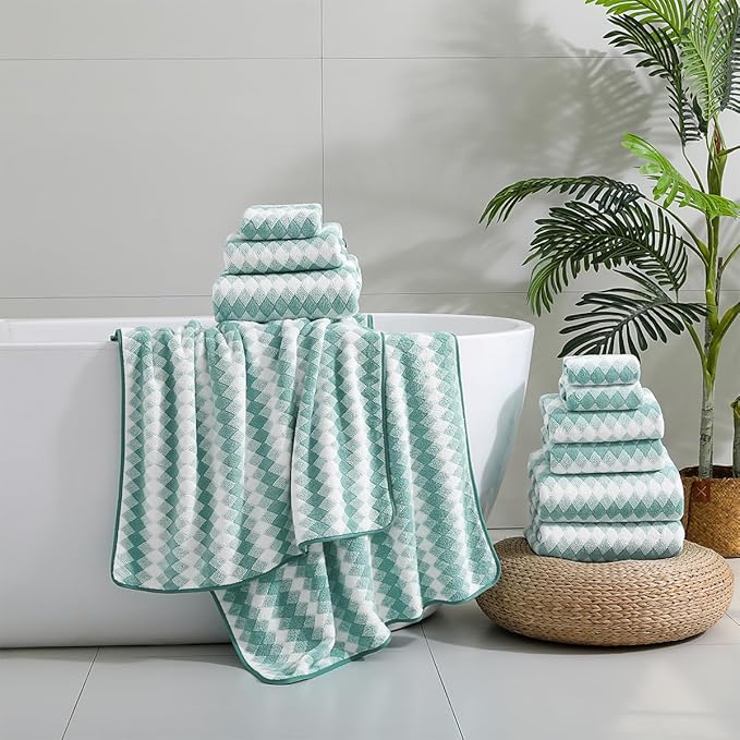 12 Pcs Turquoise Diamond Towel Set-4 Bath Towels,4 Hand Towels,4 Washcloths Soft Polyester Towels with Loop Absorbent Shower Towel Quick Dry Beach Chair Towel Family Towels for Bathroom Spa Gym Pool