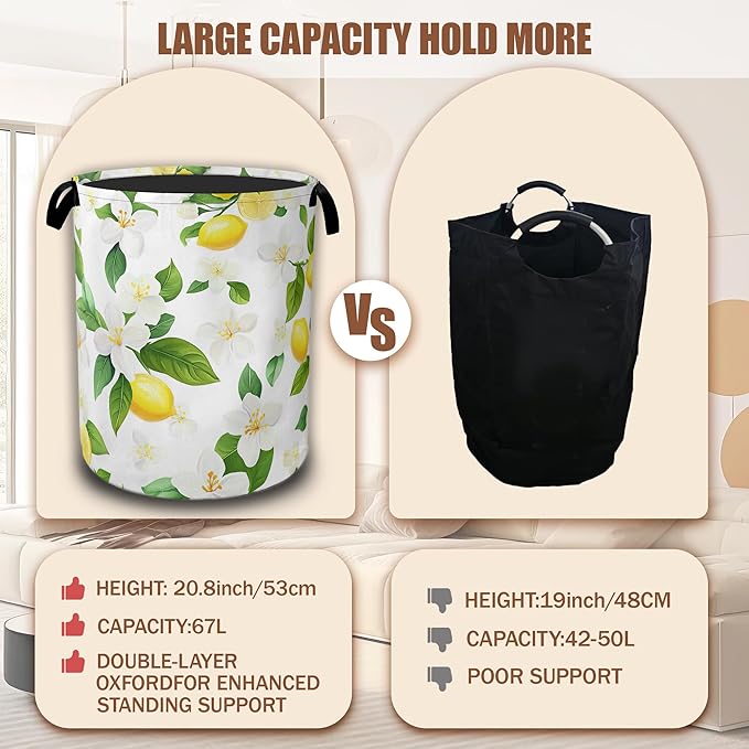 Lemon Fruits Laundry Hamper,Flowers Leaves Laundry Baskets,Waterproof Oxford Cloth Toy Storage for Bedroom,Bathroom,Nursery,16x20.8 Inch
