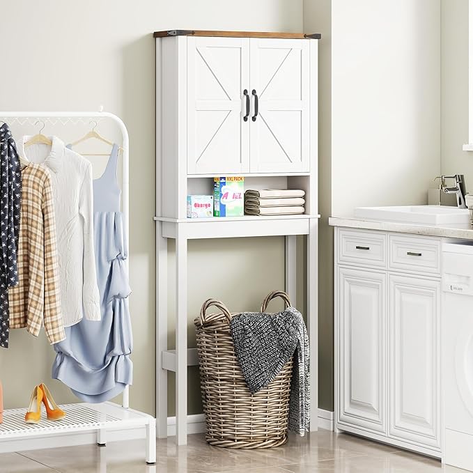 Over The Toilet Storage Cabinet, Farmhouse Over Toilet Bathroom Organizer with 2 Barn Doors, Narrow Above Toilet Storage Cabinet, Behind Toilet Bathroom Organizer (Rustic White)